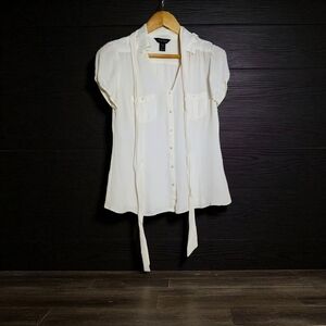 White House Black Market Sz 8 White Silk  Button Down Shirt
